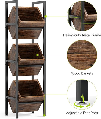 LITTLE TREE 3-Tier Basket Stand, Wooden Floor Stand Shelving Unit, Rustic Standing Organizer Storage Rack for Kitchen, Bathroom, Living Room (2, Rustic Brown)