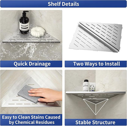 Bernkot Corner Shower Shelf, 12" Brushed 304 Stainless Steel Slot Design Recessed Corner Shelves 2 Pack Bathroom Grout in Shelf for Tiled Wall, Large Size