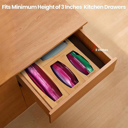 Bamboo Plastic Bag Storage Organizer for Kitchen Drawer, 4 Separate Baggie Organizer, Suitable for Gallon, Quart, Sandwich & Snack Variety Size Bag