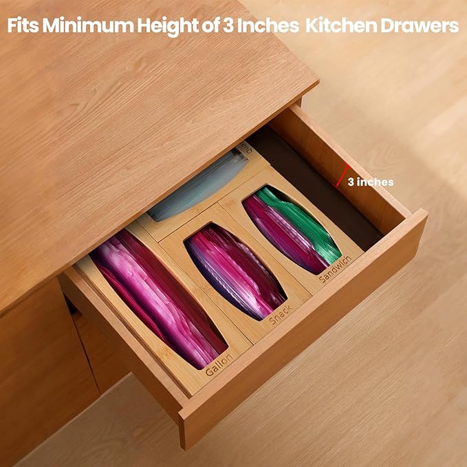 Bamboo Plastic Bag Storage Organizer for Kitchen Drawer, 4 Separate Baggie Organizer, Suitable for Gallon, Quart, Sandwich & Snack Variety Size Bag