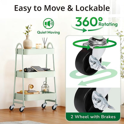 3 Tier Rolling Cart, Utility Cart Kitchen Carts on Wheels with Storage, Multifunctional Metal Organizer Cart for Bathroom, Garage, Baby Diaper, Craft, Art, Teacher, Green