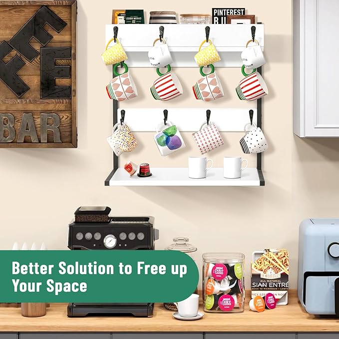 Coffee Mug Holder – 2 Tier Mug Rack Stand with Storage Base for 12 Cups – for Kitchen, Dining Room Counter & Wall Mounted Organizer & Coffee Bar Decor Accessories