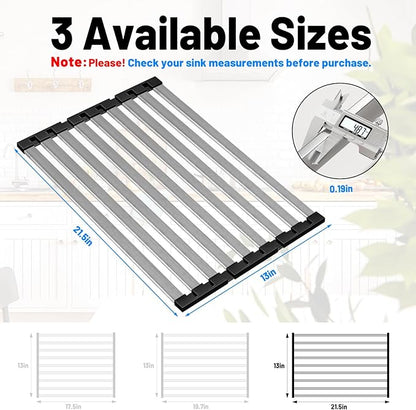 TIKNIK 21.5" X 13" Dish Drying Rack, Over Sink Drying Rack, Kitchen Roll Up 304 Stainless Steel Drain Rack, Roll Up for Kitchen and RV Sinks, Black