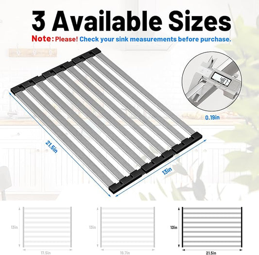 TIKNIK 21.5" X 13" Dish Drying Rack, Over Sink Drying Rack, Kitchen Roll Up 304 Stainless Steel Drain Rack, Roll Up for Kitchen and RV Sinks, Black
