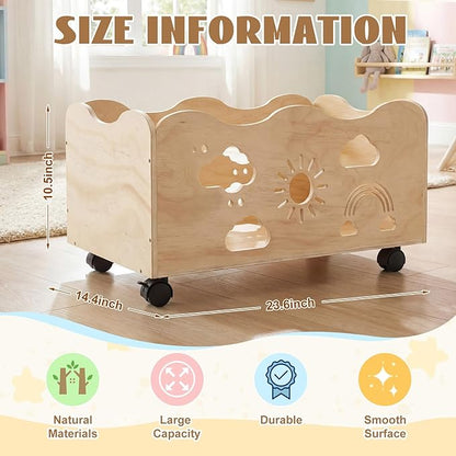 Toy Box for Kids 24" x 14.4" x 10.4" Toy Chest for Girls Boy Wooden Storage Trunk Mobile Wood Bookshelf with Rainbow Pattern for Kids Rooms, Closet, Classroom, Bedroom, Nursery