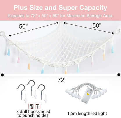 Stuffed Animal Net or Hammock with Light,Yewiwin Macrame Hanging Net Hammock for Stuffed Animal Toy Storage Organizer Boho Decor Room Holder for Nursery Play Room Bedroom (Beige(55"*55"*72"))