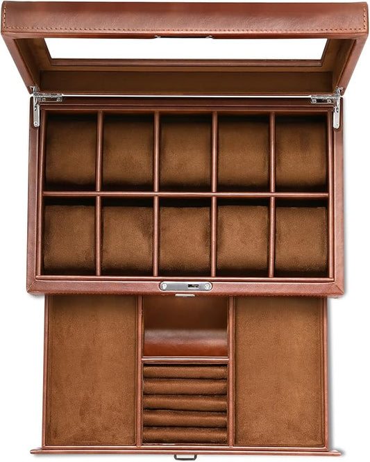 HELMDY Leather Watch Box with Drawer-10 Slots Locking Jewelry Watches Holder for Men-Luxury Watch Case Display Organizer-2 Tier Organizer Watch Showcase-Storage Case