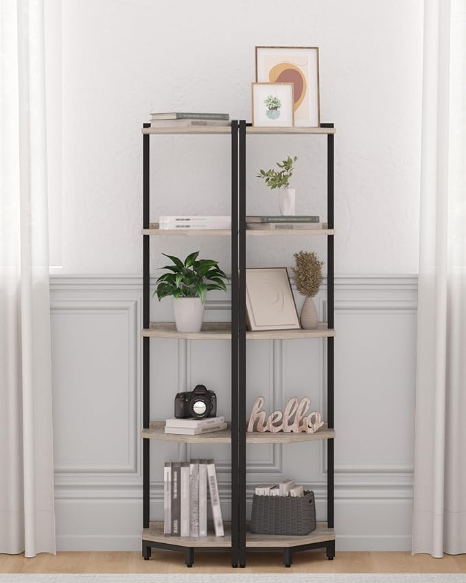 Corner Shelf Stand, Corner Bookshelf, Storage Standing Shelf Unit with Metal Frame, Plant Stand, Corner Bookcase for Living Room, Home Office, Bedroom, 5-Tier Greige CS05905B