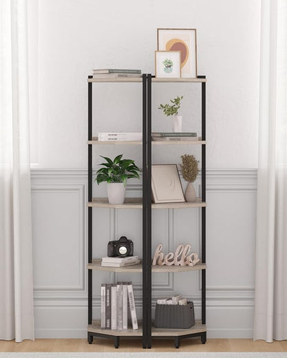 Corner Shelf Stand, Corner Bookshelf, Storage Standing Shelf Unit with Metal Frame, Plant Stand, Corner Bookcase for Living Room, Home Office, Bedroom, 5-Tier Greige CS05905B
