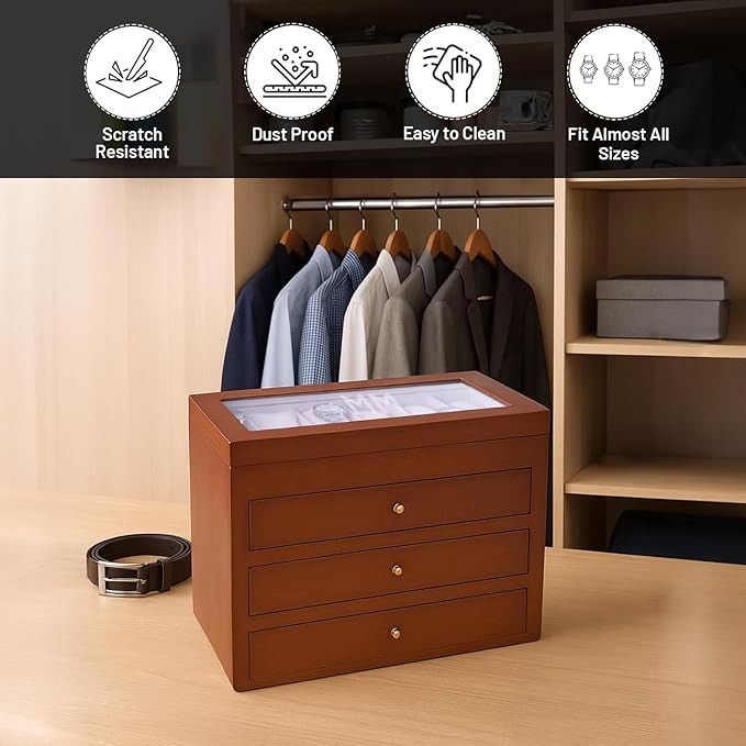Bey-Berk Personalized Cherry Wood 48-Slot Watch Box (Brown), Custom Glass-Top Solid Wood Watch Organizer with Drawers & Velour-Lined Cushions