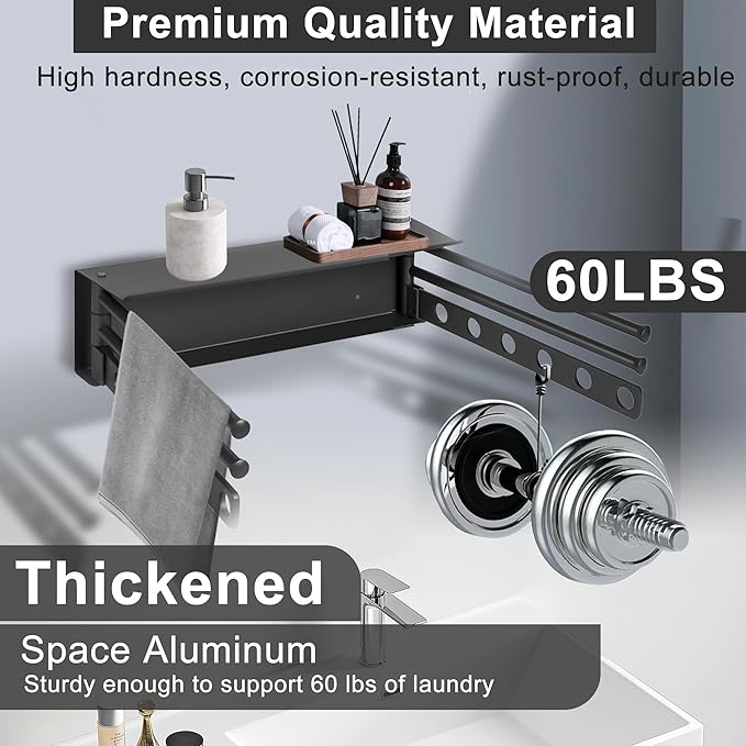 Wall Mounted Drying Rack, Aluminium Free Swinging Folding Drying Towel Rack Heavy Duty Wall Mounted Clothes Rack with 50lb Load Capacity, Foldable Space Saving Clothes Racks
