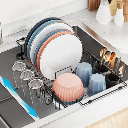 iSPECLE Expandable in Sink Dish Drying Rack - Adjustable Capacity Over The Sink Dish Drainer Drying Rack with Cup Holder for Kitchen, 12.4"-17.1" L x 14.2" W, Black