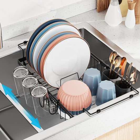 iSPECLE Expandable in Sink Dish Drying Rack - Adjustable Capacity Over The Sink Dish Drainer Drying Rack with Cup Holder for Kitchen, 12.4"-17.1" L x 14.2" W, Black