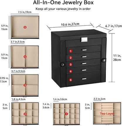 Frebeauty Large Jewelry Box,6-Tier PU Leather Jewelry Organizer,Multi-functional Storage Case with Mirror,Accessories Holder with 5 Drawers for Necklace Bracelets Watches(Black)