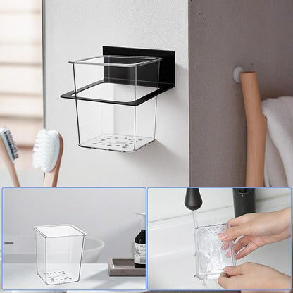 4 Pcs Clear Plastic Toothbrush Holder, Wall Mounted Metal Bracket Bathroom Organizer Set for Toothpaste, Brushes, Razor, Shower Accessories