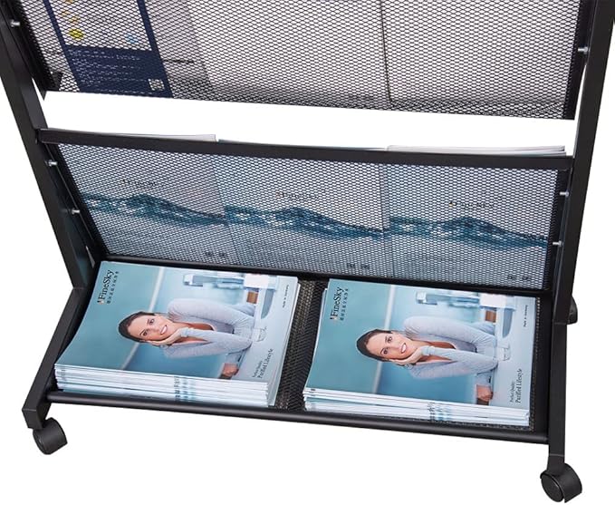 floor magazine rack brochure display stand for offices and public reception area，literature rack with 4 Universal wheels (70"×27×13.8")