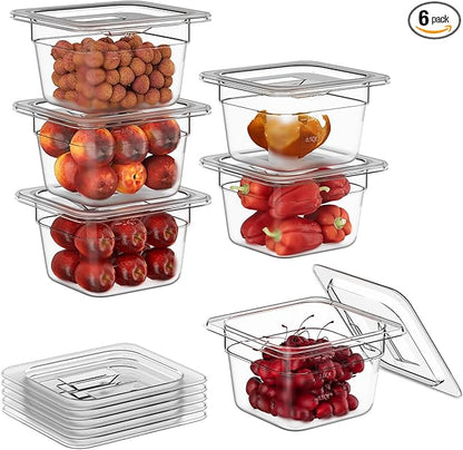 FORITRUE 1/6 4" 6 Pack Plastic Food Pans With Lids, Clear Food Pan, Commercial Stackable Polycarbonate Freezer-Safe for Fruits Vegetables Restaurant Kitchen