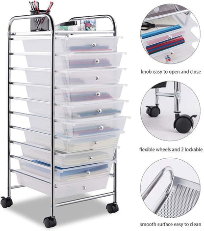Giantex 10 Drawer Rolling Storage Cart Scrapbook Paper Office School Organizer (Clear)