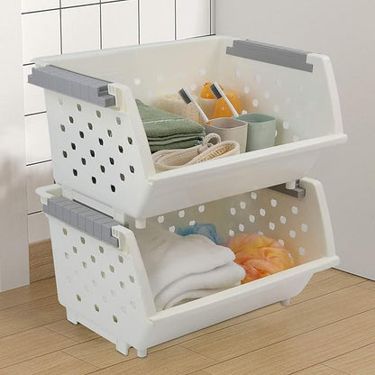 3 Pack Large Stackable Storage Bins Kitchen Plastic Stacking Basket, White