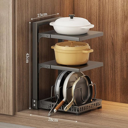 Dxcaicc Adjustable Pot Organizer Rack for Under Cabinet, Heavy Duty Storage Holder for Pots, Pans, and Lids, Space-Saving Kitchen Shelf Organizer,Black,Third Layer
