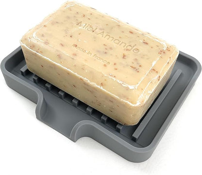 Happitasa Silicone Soap Dish Tray and Sponge Holder with Drain Chute, Pack of 2 | Bathroom and Kitchen Sink Organizer Caddy (Grey, 5.2"x4", 7.2 Ounces)