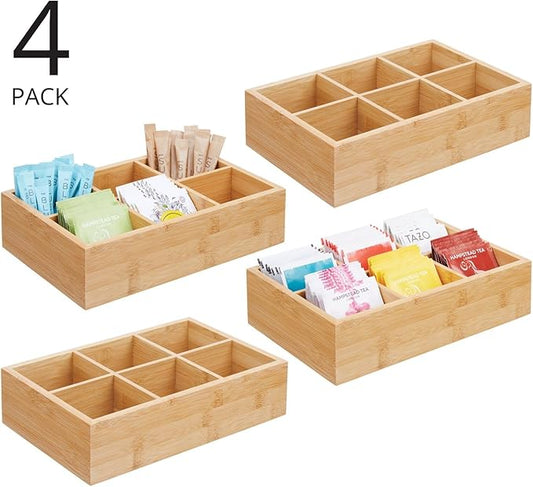 mDesign Bamboo Tea & Food Storage Organizer Container Box - Wooden Holder Case for Tea Bags, Coffee, Snacks, Sugar, Sweeteners, and Small Packets - Echo Collection - 4 Pack - Natural Wood