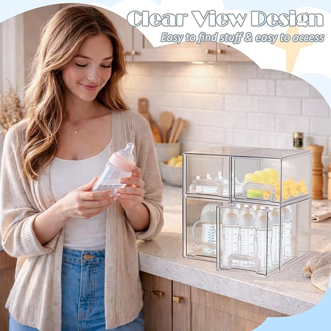 Baby Bottle Organizer-4 Pack Stackable Storage Drawers, Baby Organizers and Storage with Hooks, Clear Acrylic Multipurpose Bottle Storage for Countertop,Kitchen,Cabinet,Vanity,Bathroom