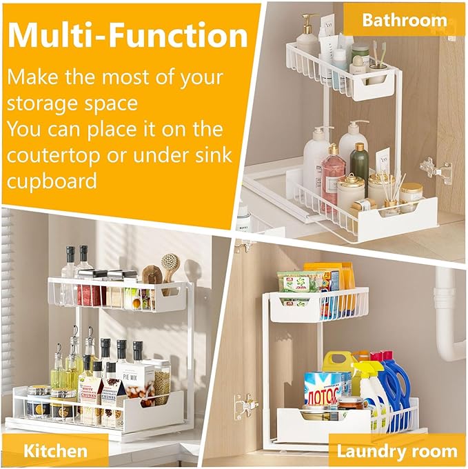 Under Kitchen Sink Organizers and Storage Pull Out 2 Tier Metal Bathroom Cabinet Organizer (White, 2 Pack)