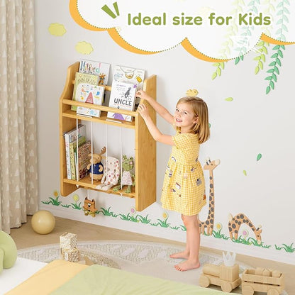 Wall-Mounted Kids Bookshelf, 2-Tier Bamboo Floating Nursery Book Shelf, Picture Ledge Shelf for Wall Decor and Storage, Hanging Toy Shelf Organizer for Baby Rooms Playroom Bedroom