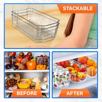 Lifemaster Multi-Purpose Refrigerator Bins - 8 Pieces Usable And Stackable Design Fridge Bin Organizer With Easy Grip Handles - Clear