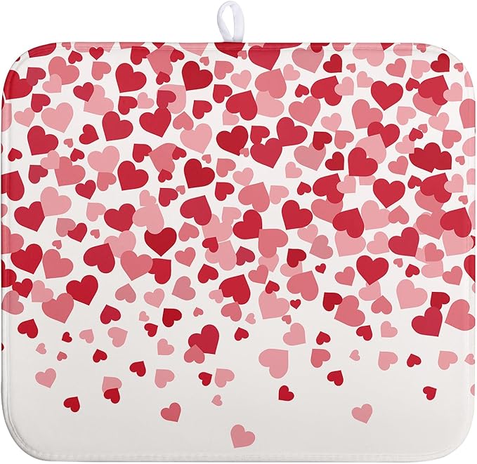Wnoesat Valentines Dish Drying Mat Pink Red Love Hearts Valentine Drying Mats for Kitchen Counter Absorbent Microfiber Reversible Dish Draining Mat Medium Dishes Pad 16 X 18 Inch