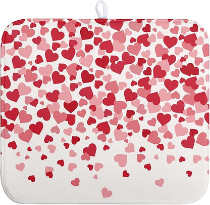 Wnoesat Valentines Dish Drying Mat Pink Red Love Hearts Valentine Drying Mats for Kitchen Counter Absorbent Microfiber Reversible Dish Draining Mat Medium Dishes Pad 16 X 18 Inch