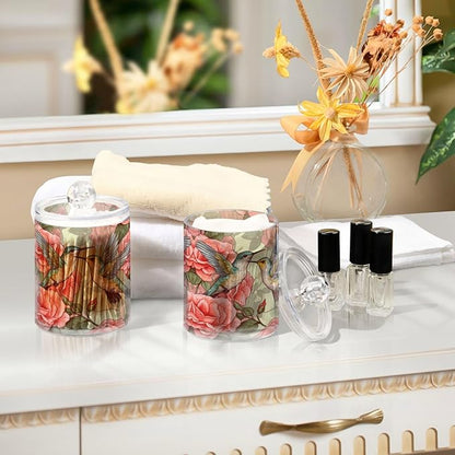 MNSRUU 4 Pack Qtip Holder Organizer Dispenser Flowers and Hummingbirds Pink Bathroom Storage Canister Cotton Ball Holder Bathroom Containers for Cotton Swabs/Pads/Floss