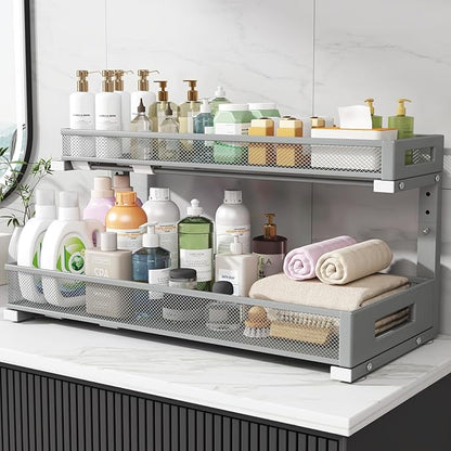 2 Pack 20.47IN Depth Under Sink Storage Organizer, Large 2-Tier Elegant Mesh Pull Out Shelf for Kitchen and Bathroom Cabinet Organization, L-Shaped and Adjustable Height Design-Gun Gray