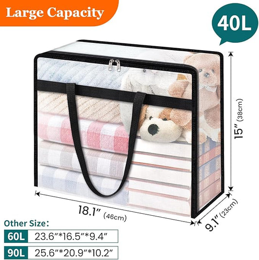 TasticTotes 6 Pack Clear Storage Bags for Comforter, Clothes & Bedding, Plastic Blanket Storage with Zipper and Handle, Moving Bags, Closet Organizer and Under-Bed Storage (40L)