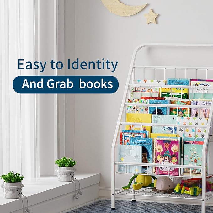 JAQ White Kids Bookshelf, 4-Tier Metal Book Display Rack for Small Spaces, Modern Toddler Bookshelf for Nursery & Playroom, Space-Saving Forward Facing Child Bookcase (28.35" Height, White)