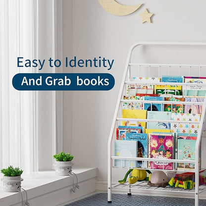 JAQ White Kids Bookshelf, 4-Tier Metal Book Display Rack for Small Spaces, Modern Toddler Bookshelf for Nursery & Playroom, Space-Saving Forward Facing Child Bookcase (28.35" Height, White)
