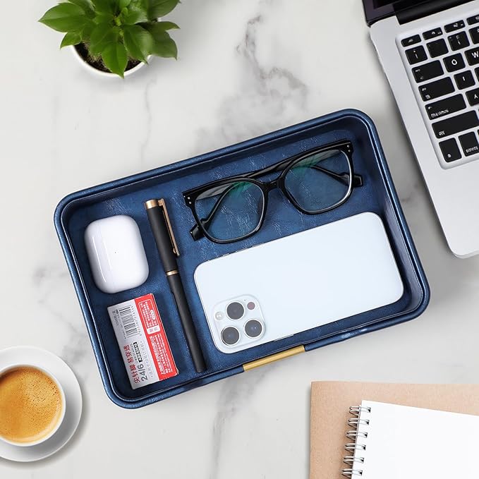 MEIBOOCH 10.2" x 6.7" Nightstand Organizer Tray with Gold Accent, Decorative Valet Trays Cologne Organizer for Men, Key Bowl Perfume Trinket Tray for Dresser Bedside Entryway Table (Navy Blue)