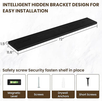 72 inch Floating Shelves for Wall, 12 Inch Deep Floating Shelf, Hanging Shelf with Invisible Brackets, Rustic Wooden Wall Shelves for Bathroom, Bedroom, Living Room,Farmhouse Set of 1,Black