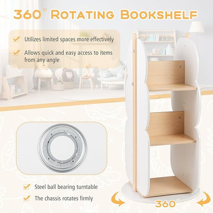 Costzon Kids Rotating Bookshelf, 3-Tier Small Book Shelf w/12 Sectors, 360° Display Spinning Bookshelf Tower, Wooden Revolving Bookcase for Kid's Room, Living Room, Daycare, Small Spaces (White)