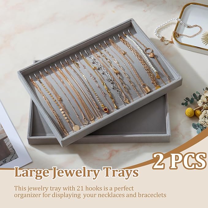 KATISYIO Large Velvet Jewelry Tray 2 Pack Stackable Jewelry Display Drawer Inserts Trays Organizer for Earring Bracelet Necklace Ring (Gray, 20 Hooks)