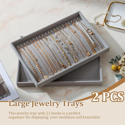 KATISYIO Large Velvet Jewelry Tray 2 Pack Stackable Jewelry Display Drawer Inserts Trays Organizer for Earring Bracelet Necklace Ring (Gray, 20 Hooks)