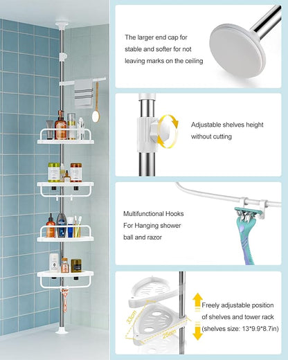 ADOVEL 4 Layer Corner Shower Caddy, Adjustable Shower Shelf, Constant Tension Stainless Steel Pole Organizer, Rustproof 3.3 to 9.8ft