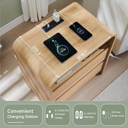 Aitjunz 25" Tall Modern Nightstand Set of 2, 23.6'' Wide Wood Bedside Table w/2 Storage Drawers, Charging Station, Mid Century End Table for Bedroom, Living Room,Curved Profile Design, Natural Oak | Modern, Set of 2, Bedside Table, 2 Storage Drawers, C...