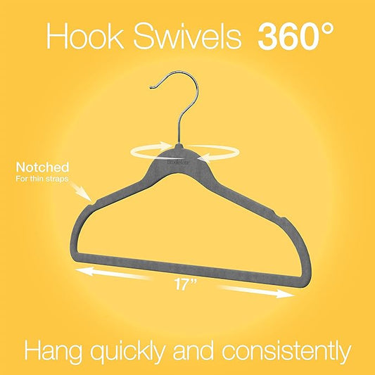 BROOKSTONE, [50 Pack] Velvet Hangers, [Non-Slip] 360° Swivel Hook, Lightweight & Slim, Strong & Durable, Space Saving Design, Heavy Duty, Won’t Stain Fabric