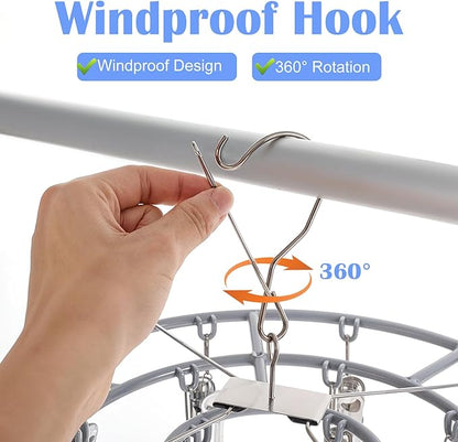 2 Pack Clothes Drying Rack with 24 Clips, Stainless Steel Clothes Drying Hanger, Swivel Windproof Round Dry Rack, Heavy Duty Underwear Hanger for Indoor Outdoor Wet and Dry (Grey)