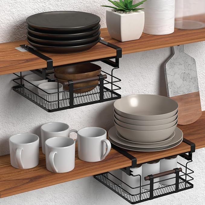 Home Zone Living 2-Pack Under Shelf Pull-Out Drawer Kitchen Cabinet Organizer with Steel Mesh Basket and Wooden Handle, 11 Inch Legnth