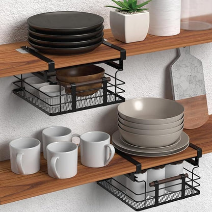 Home Zone Living 2-Pack Under Shelf Pull-Out Drawer Kitchen Cabinet Organizer with Steel Mesh Basket and Wooden Handle, 11 Inch Legnth