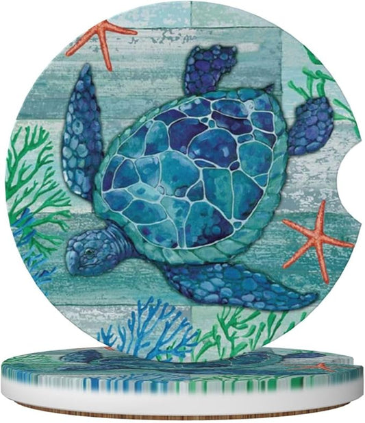 Sea Turtle Car Cup Holder Coaster 2 Pack Absorbent Ceramic Car Coasters for Cup Holders Car Accessories Interior for Women Men Universal Anti Slip Cork Base Cup Coasters with Finger Notch