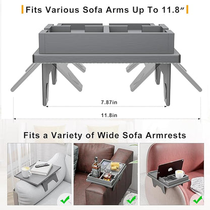 Bamboo Couch Cup Holder Tray - 2 in 1 Couch Armrest Table with Be Slide-Away Detachable Double Holder - Sofa Armchair Caddy for Drinking Snacks iPad TV Remote (Gray)